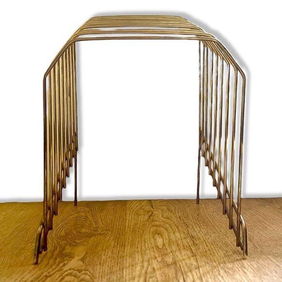 Vintage 1970’s Gold Brass Tone Lacquer Wire (8) Vinyl File Holder Tabletop Stand - Picture 2 of 14